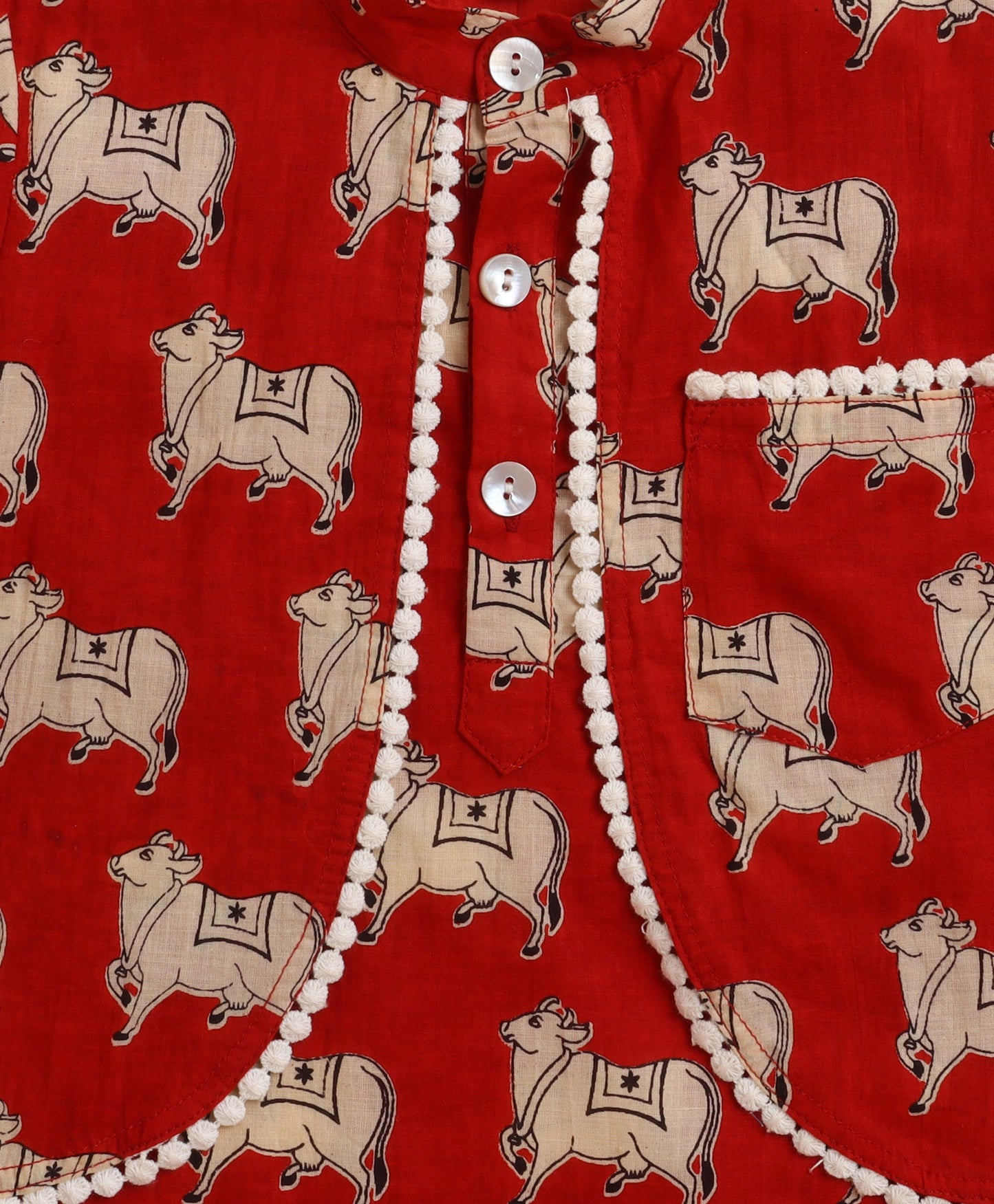 The Magic Wand Cambric Cotton Full Sleeves Cow Printed Attached Jacket Kurta and Pyjama  Set- Red