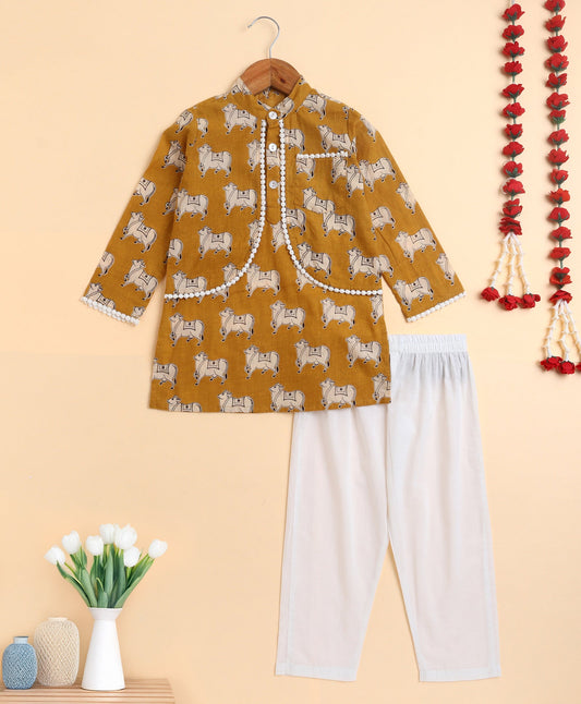 The Magic Wand Cambric Cotton Full Sleeves Cow Printed Attached Jacket Kurta and Pyjama  Set- Mustard