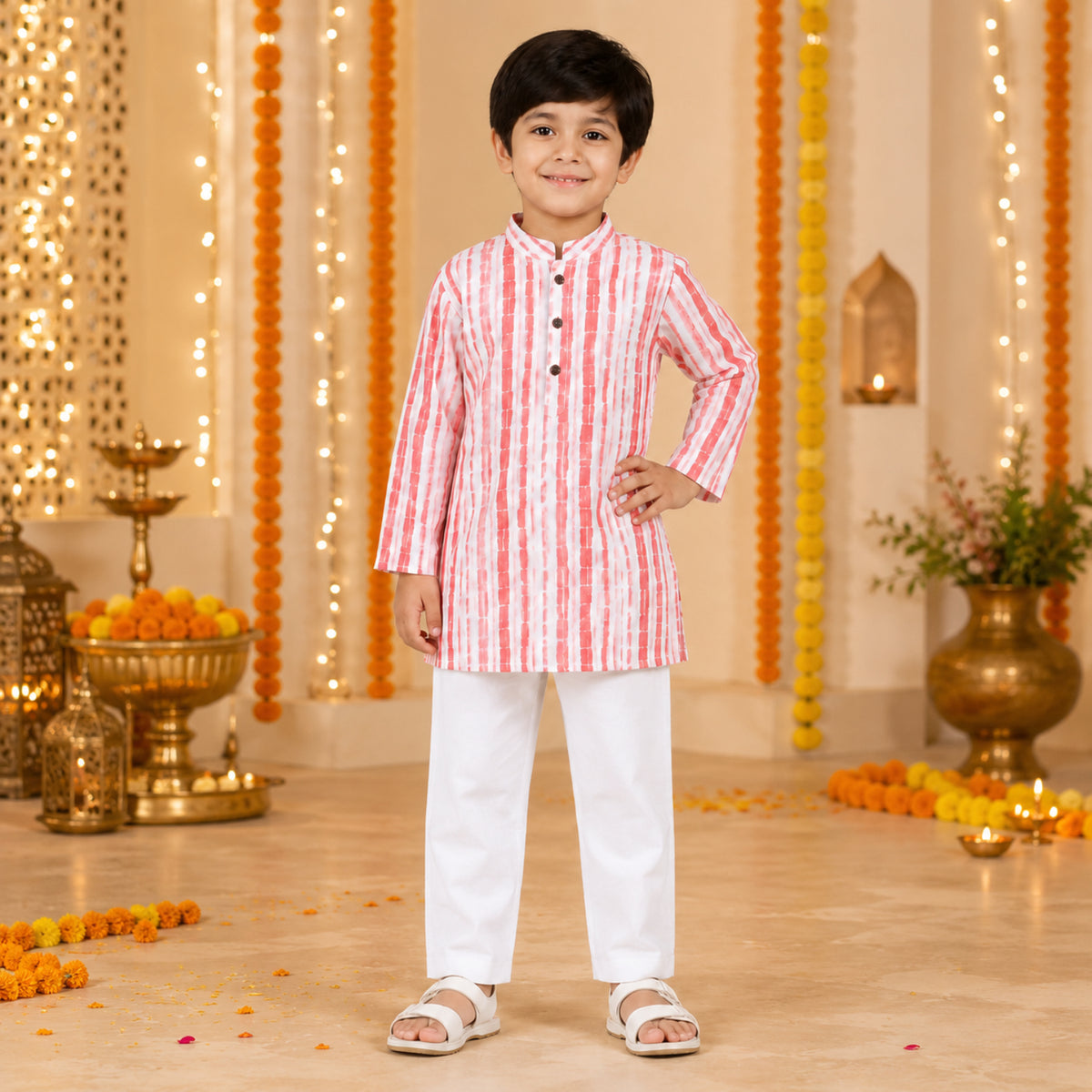 Cotton Woven Full Sleeves Stripes Printed Kurta & Pyjama Set - Peach