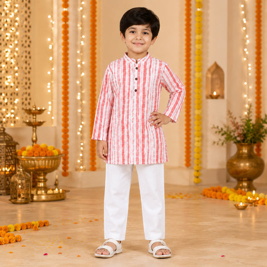Cotton Woven Full Sleeves Stripes Printed Kurta & Pyjama Set - Peach