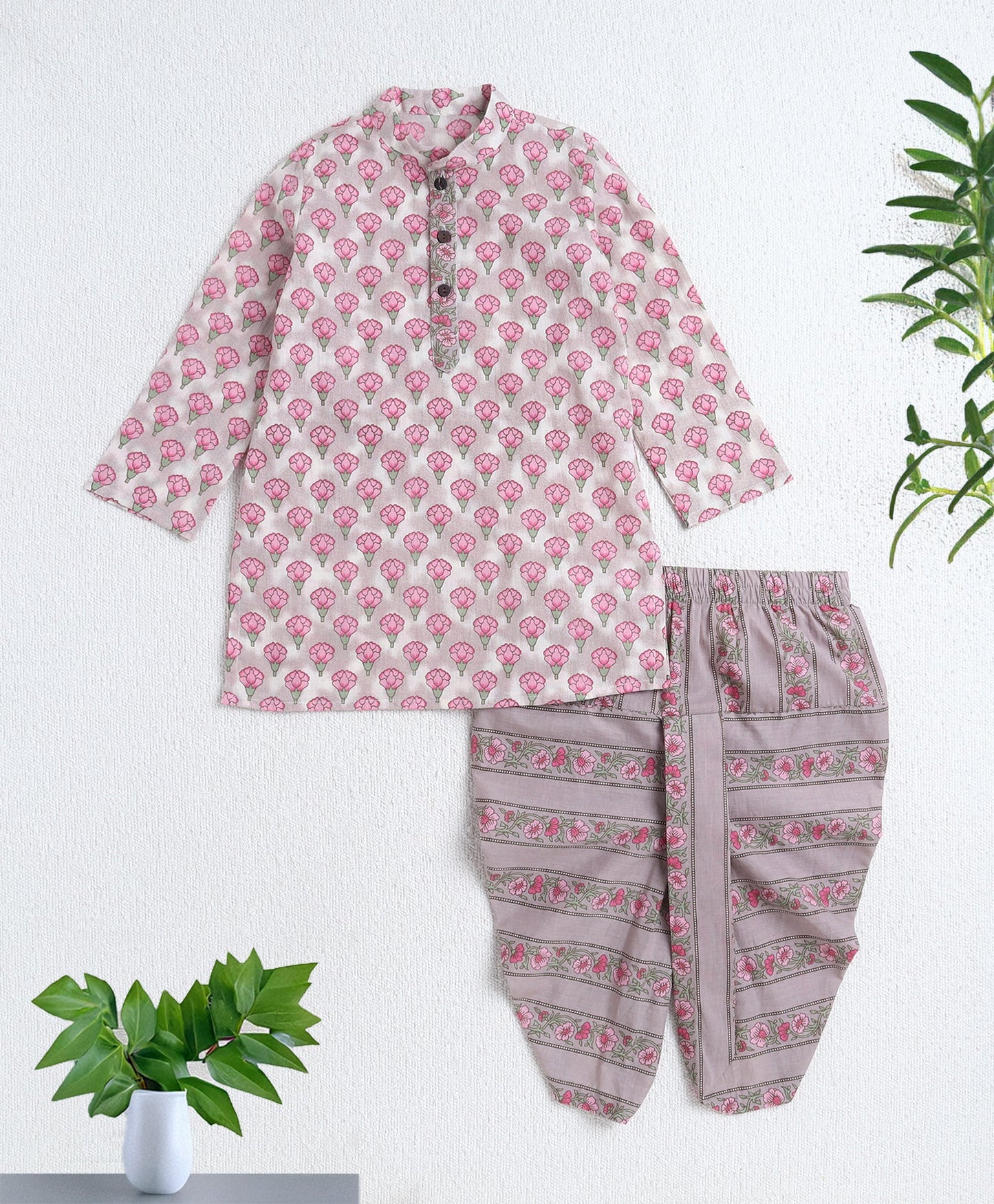 Cotton Woven Full Sleeves AII Over Printed Kurta and Dhoti Set- Pink