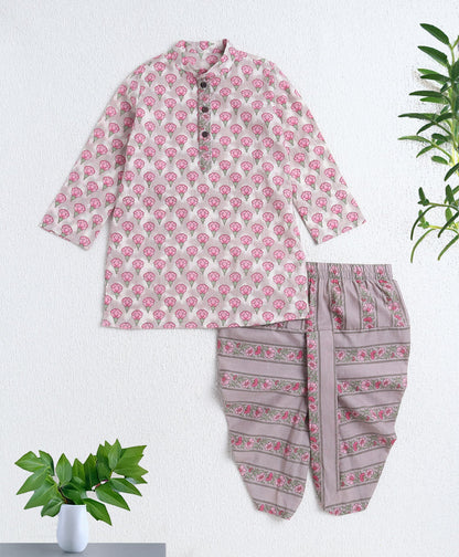 Cotton Woven Full Sleeves AII Over Printed Kurta and Dhoti Set- Pink