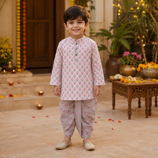 Cotton Woven Full Sleeves AII Over Printed Kurta and Dhoti Set- Pink