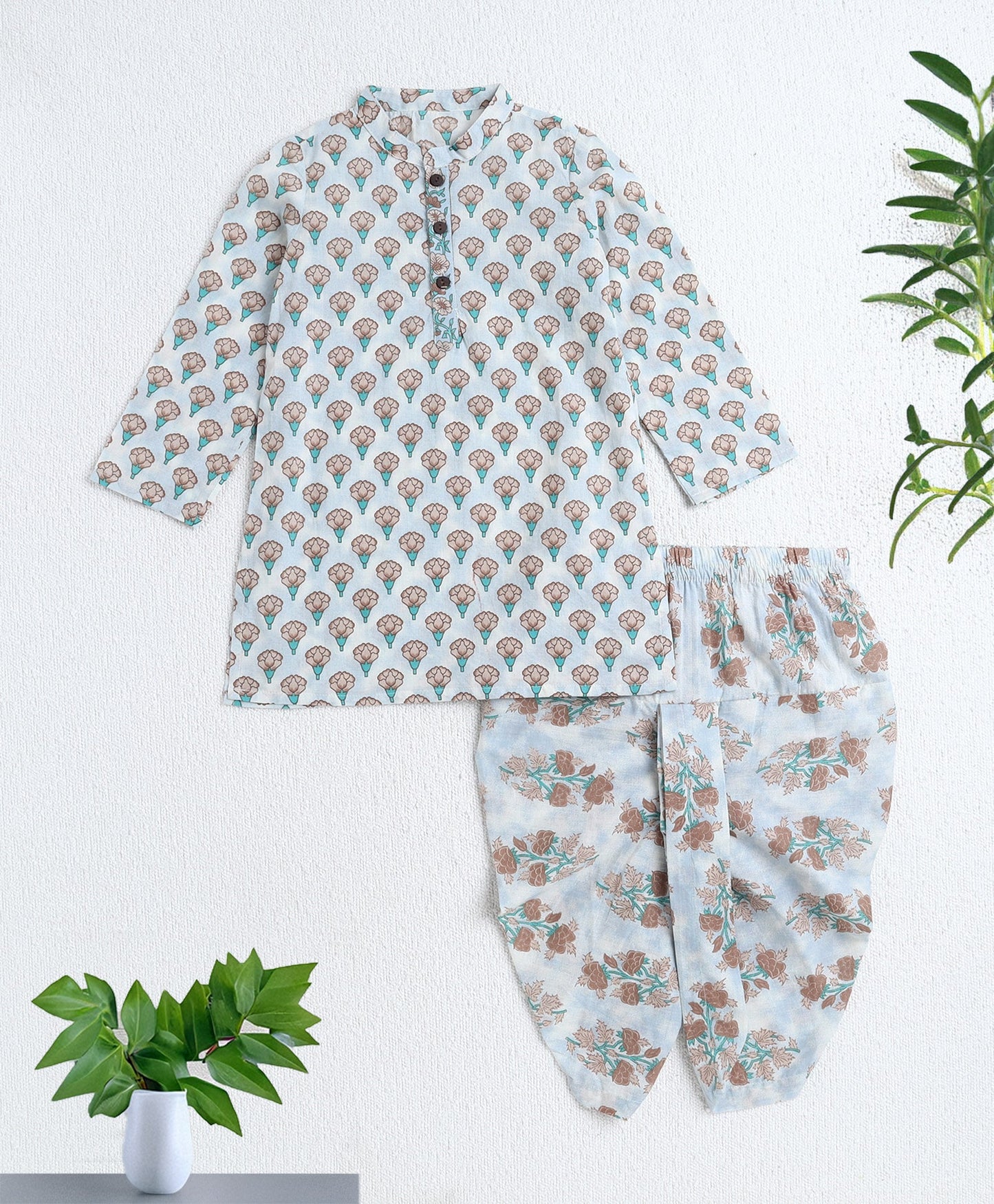 Cotton Woven Full Sleeves AII Over Printed Kurta and Dhoti Set- Green
