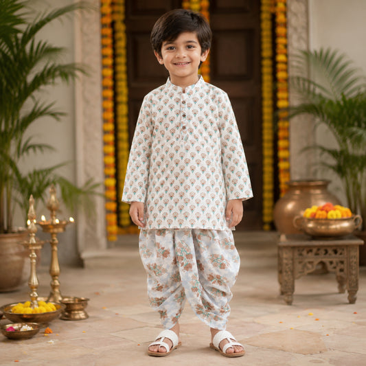Cotton Woven Full Sleeves AII Over Printed Kurta and Dhoti Set- Green