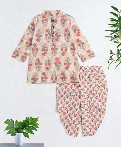 Cotton Woven Full Sleeves AII Over Printed Kurta and Dhoti Set- Peach