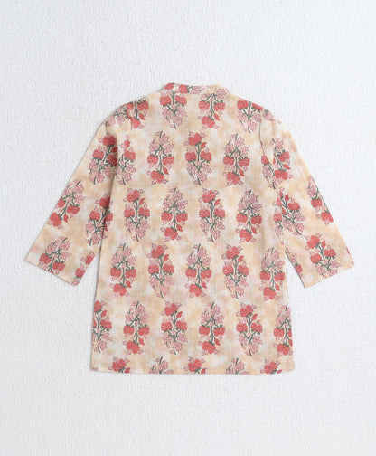 Cotton Woven Full Sleeves AII Over Printed Kurta and Dhoti Set- Peach