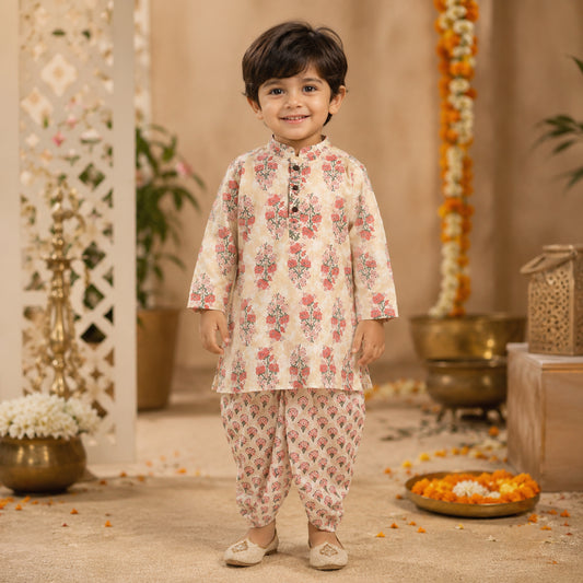 Cotton Woven Full Sleeves AII Over Printed Kurta and Dhoti Set- Peach