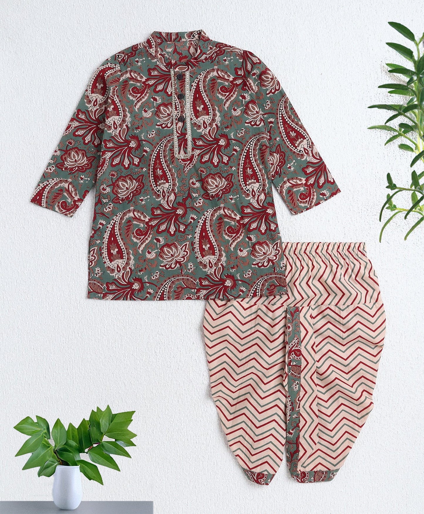 The Magic Wand Cotton Woven Full Sleeves AII Over Printed Kurta and Dhoti Set- Green