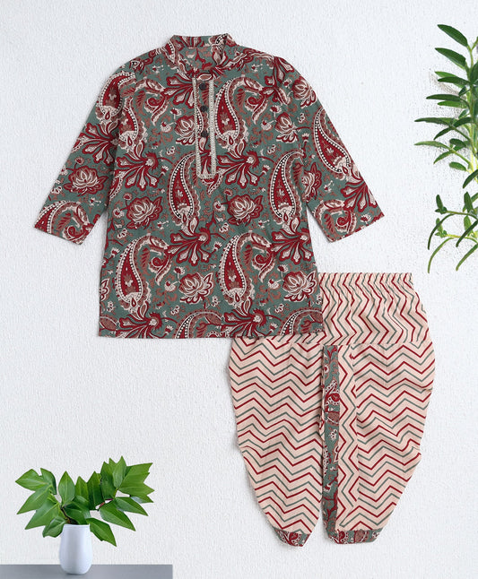 The Magic Wand Cotton Woven Full Sleeves AII Over Printed Kurta and Dhoti Set- Green