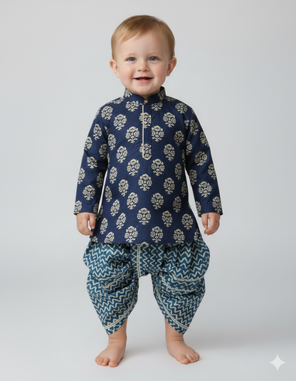 The Magic Wand Cotton Woven Full Sleeves AII Over Printed Kurta and Dhoti Set- Navy Blue