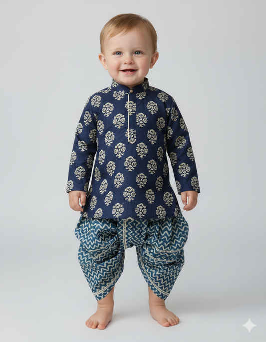 The Magic Wand Cotton Woven Full Sleeves AII Over Printed Kurta and Dhoti Set- Navy Blue