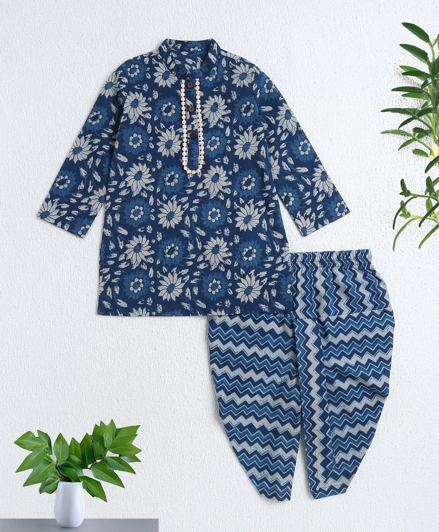 Cotton Woven Full Sleeves AII Over Printed Kurta and Dhoti Set- Navy Blue