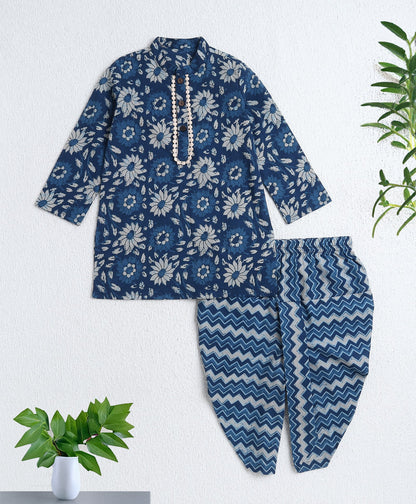 Cotton Woven Full Sleeves AII Over Printed Kurta and Dhoti Set- Navy Blue