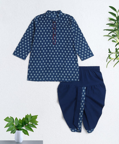 The Magic Wand Cotton Woven Full Sleeves Ethnic Buti Printed Kurta And Dhoti Set - Navy Blue