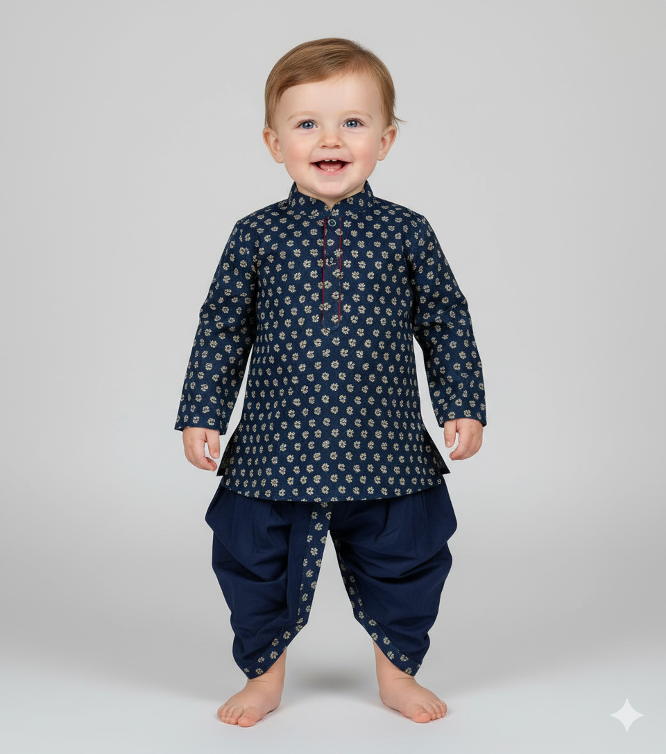 The Magic Wand Cotton Woven Full Sleeves Ethnic Buti Printed Kurta And Dhoti Set - Navy Blue
