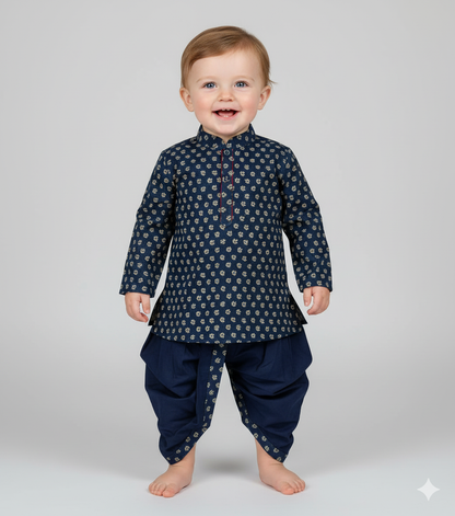 The Magic Wand Cotton Woven Full Sleeves Ethnic Buti Printed Kurta And Dhoti Set - Navy Blue