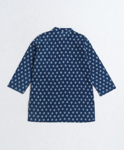 The Magic Wand Cotton Woven Full Sleeves Ethnic Buti Printed Kurta And Dhoti Set - Navy Blue
