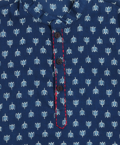 The Magic Wand Cotton Woven Full Sleeves Ethnic Buti Printed Kurta And Dhoti Set - Navy Blue