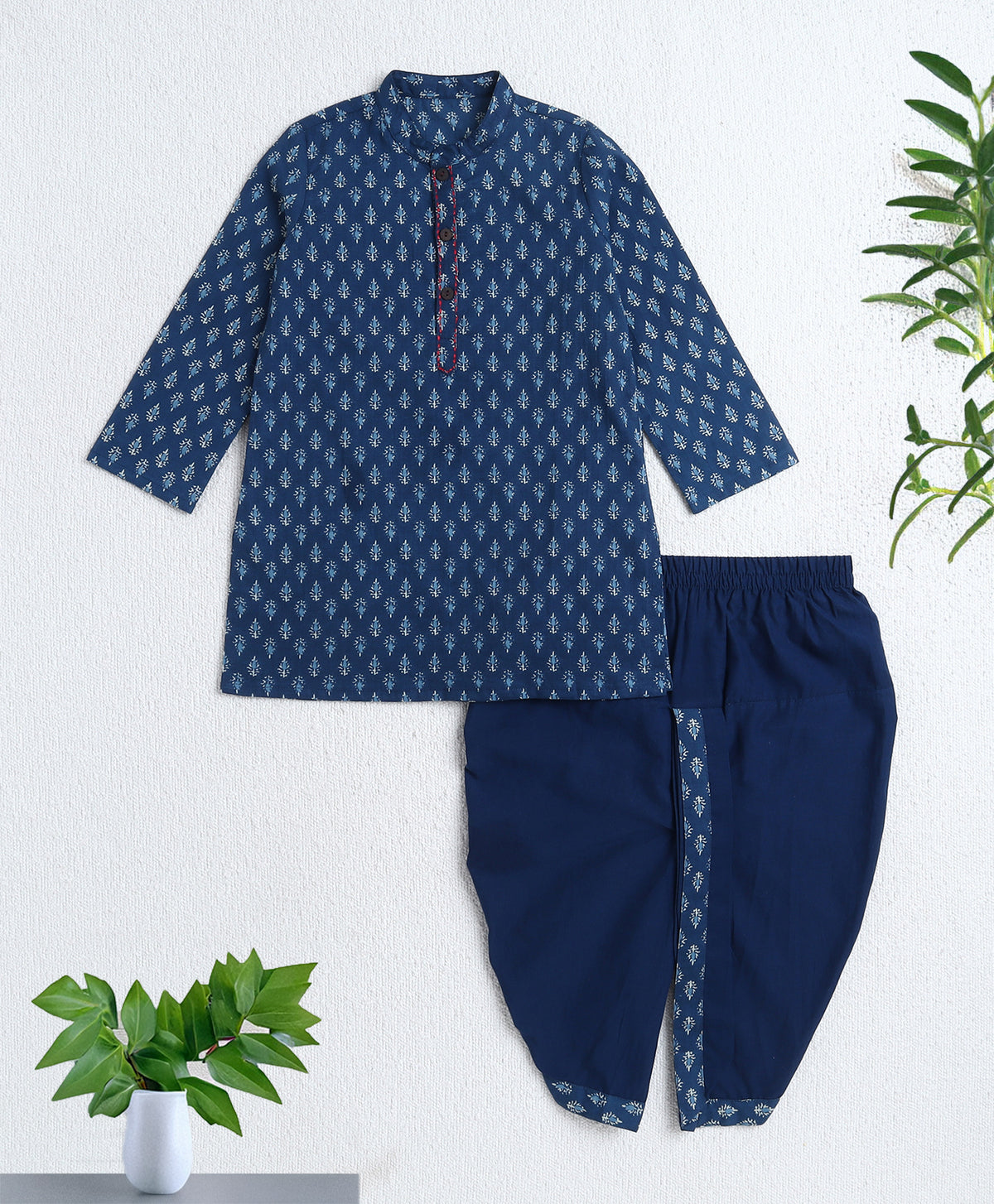 The Magic Wand Cotton Woven Full Sleeves AII Over Printed Dhoti Kurta Set For Boys- Navy Blue