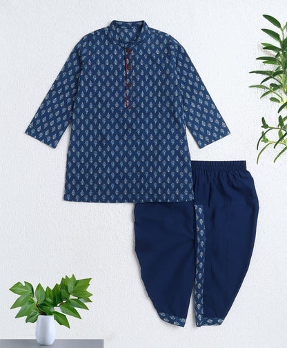 The Magic Wand Cotton Woven Full Sleeves AII Over Printed Dhoti Kurta Set For Boys- Navy Blue