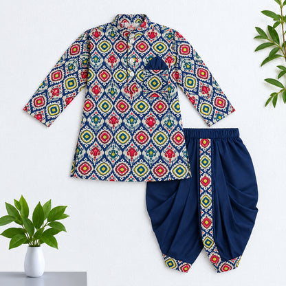 The Magic Wand Woven Full Sleeves Ikat Geomteric Print Kurta And Dhoti Set - Navy Blue
