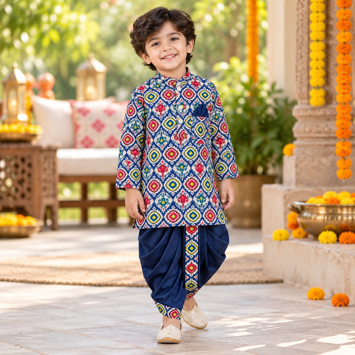 The Magic Wand Woven Full Sleeves Ikat Geomteric Print Kurta And Dhoti Set - Navy Blue