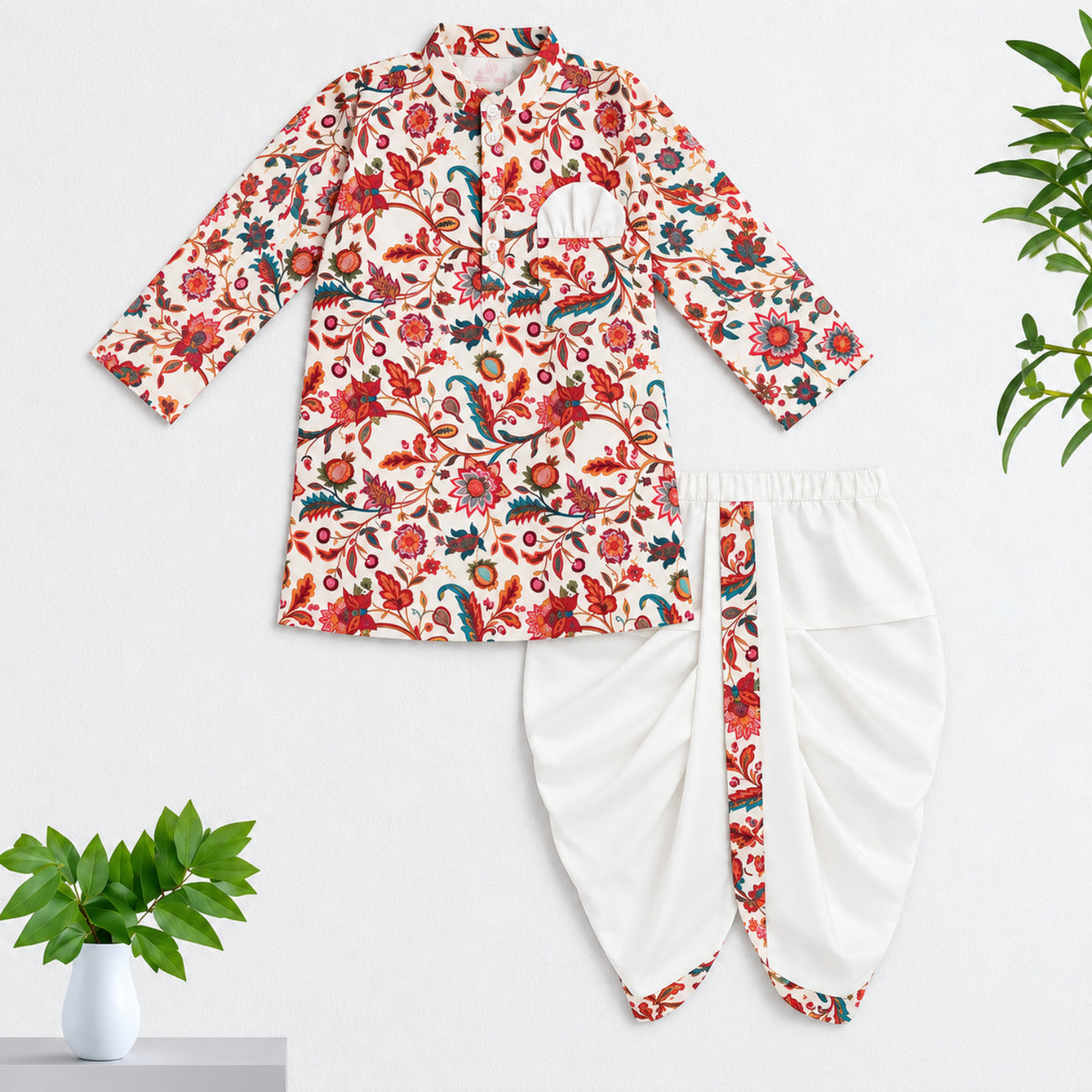 The Magic Wand Woven Full Sleeves Kalamkari Inspired Floral Printed Kurta And Dhoti Set - Off White