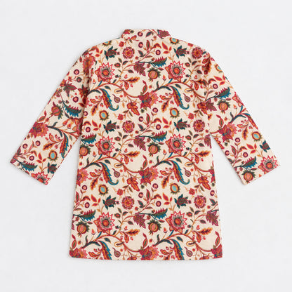 The Magic Wand Woven Full Sleeves Kalamkari Inspired Floral Printed Kurta And Dhoti Set - Off White