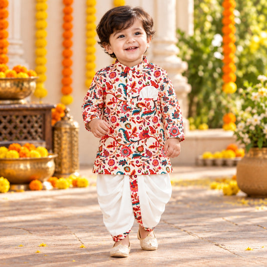 The Magic Wand Woven Full Sleeves Kalamkari Inspired Floral Printed Kurta And Dhoti Set - Off White