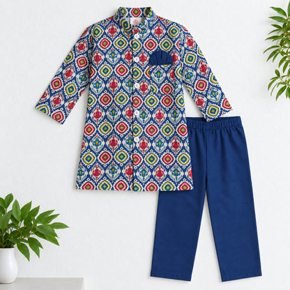 The Magic Wand Woven Full Sleeves Ikat Geomteric Printed Bandgala Kurta And Pant Set - Navy Blue