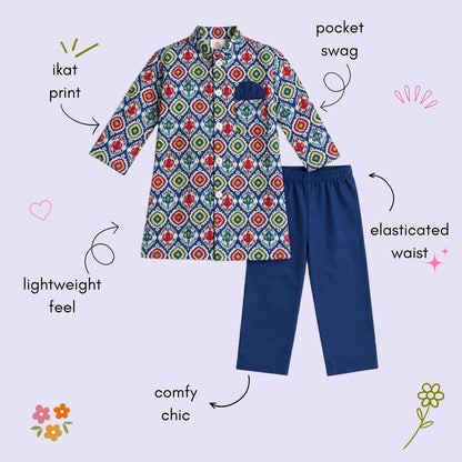 The Magic Wand Woven Full Sleeves Ikat Geomteric Printed Bandgala Kurta And Pant Set - Navy Blue