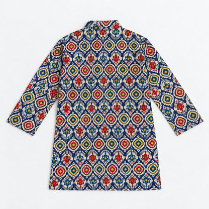 The Magic Wand Woven Full Sleeves Ikat Geomteric Printed Bandgala Kurta And Pant Set - Navy Blue
