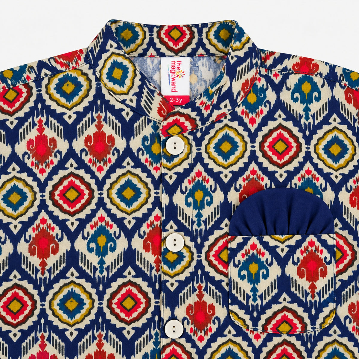 The Magic Wand Woven Full Sleeves Ikat Geomteric Printed Bandgala Kurta And Pant Set - Navy Blue