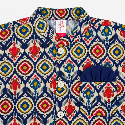 The Magic Wand Woven Full Sleeves Ikat Geomteric Printed Bandgala Kurta And Pant Set - Navy Blue