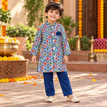 The Magic Wand Woven Full Sleeves Ikat Geomteric Printed Bandgala Kurta And Pant Set - Navy Blue