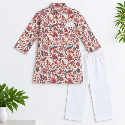 The Magic Wand Woven Full Sleeves Floral Printed Bandgala Kurta And Pant Set - Off White
