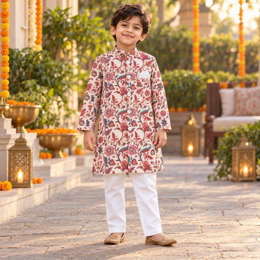 The Magic Wand Woven Full Sleeves Floral Printed Bandgala Kurta And Pant Set - Off White