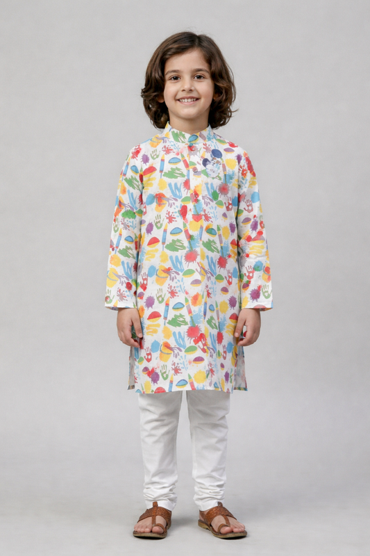 The Magic Wand Holi Festival Theme Printed Colourful Full Sleeves Mandarin Collar  Kurta For Boys-White, Multi