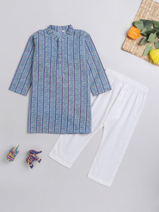 Floral Printed Mandarin Collar Full Sleeves Kurta Pant Set For Boys-Blue