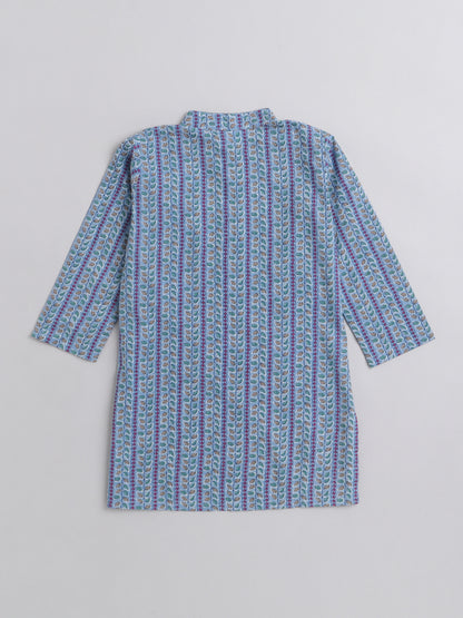 Floral Printed Mandarin Collar Full Sleeves Kurta Pant Set For Boys-Blue