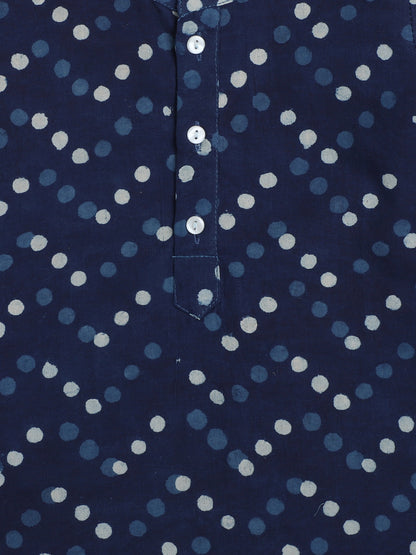 Full Sleeves Chevron Designed Polka Dots Dabu Printed Kurta With Pyjama - Blue