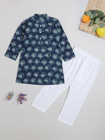 Bagru Printed Mandarin Collar Full Sleeves Kurta and Pyjama Set For Boys-Blue