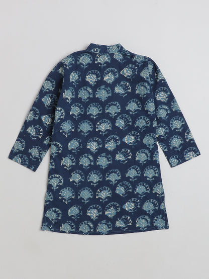Bagru Printed Mandarin Collar Full Sleeves Kurta and Pyjama Set For Boys-Blue