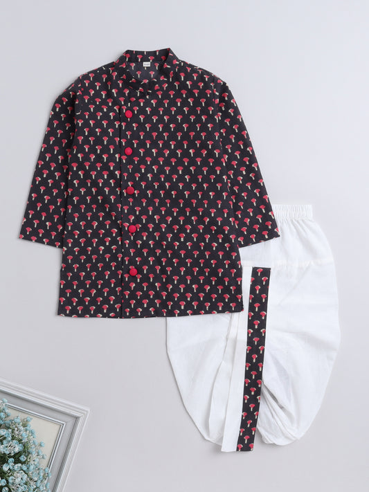 Full Sleeve Floral Printed Kurta Dhoti Set For Boys-Grey