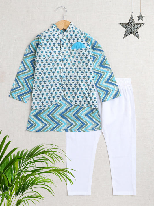 Zig Zag Printed Mandarin Collar Full Sleeves Kurta And Pant Set With Jacket-Blue