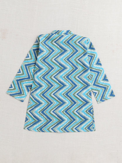 Zig Zag Printed Mandarin Collar Full Sleeves Kurta And Pant Set With Jacket-Blue
