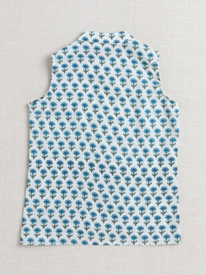 Zig Zag Printed Mandarin Collar Full Sleeves Kurta And Pant Set With Jacket-Blue