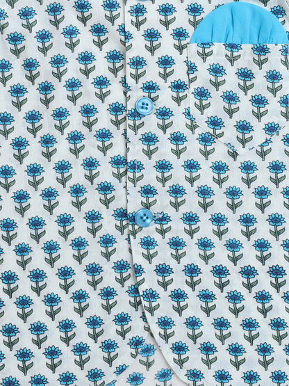 Zig Zag Printed Mandarin Collar Full Sleeves Kurta And Pant Set With Jacket-Blue