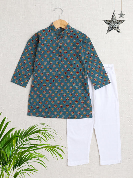 Floral Printed Mandarin Collar Full Sleeves Kurta And Pant Set-Teal